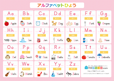 アルファベット表 罫線入りイラスト付き ピンク A4